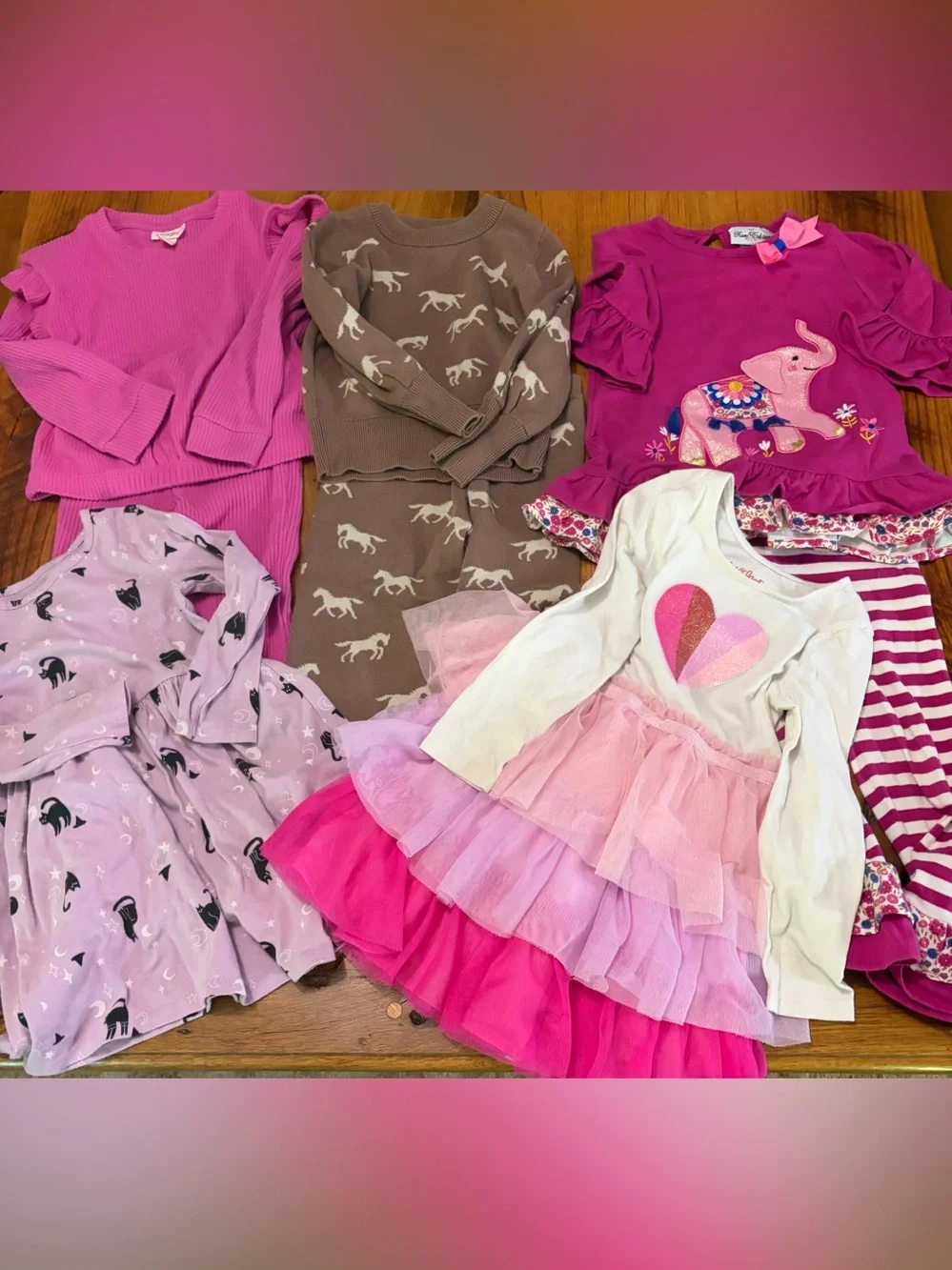 Girls Precious 4T Mixed Pink & Brown Pants Sets and Dress Lot, Eight Pieces